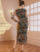 Modely Net Fabric Printed Square Neck Pleated Fitted Midi Dress For Women Maxi Women Outfit Long Evening Dresses    B92410 - TUZZUT Qatar Online Shopping