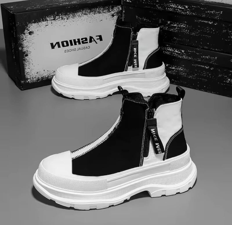 Casual Zip Patchwork Canvas Chunky Platform Ankle Boots S003 - TUZZUT Qatar Online Shopping