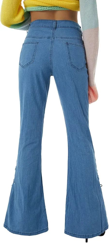 Women Jeans Mid Waist Side Pockets Slimming Casual Party Street Wide Leg Lace Up Bell Bottom Pants S4057094 Women Jeans Mid Waist Side Pockets Slimming Casual Party Street Wide Leg Lace Up Bell Bottom Pants S4057094