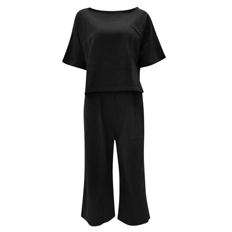 Women Cotton Linen Suit Fashion Comfortable Short Sleeve And Long Pants Solid Color Casual Loose oversized Summer Sets Dress Top M X3637423 - Tuzzut.com Qatar Online Shopping