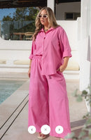 Pink Two-Piece Collared Shirt and Wide-Leg Trouser Set AH181913