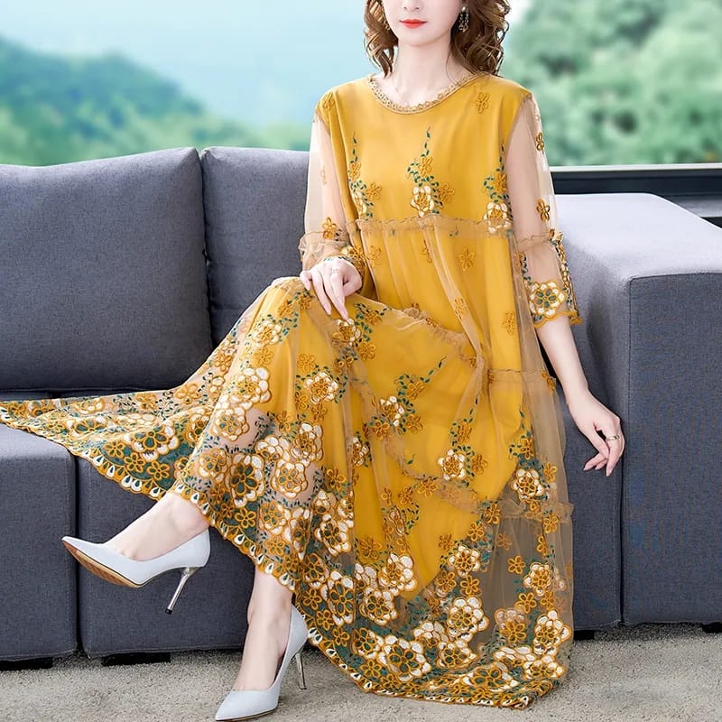 Summer Embroidery Floral Natural Silk Light Midi Dress Women Korean Fa