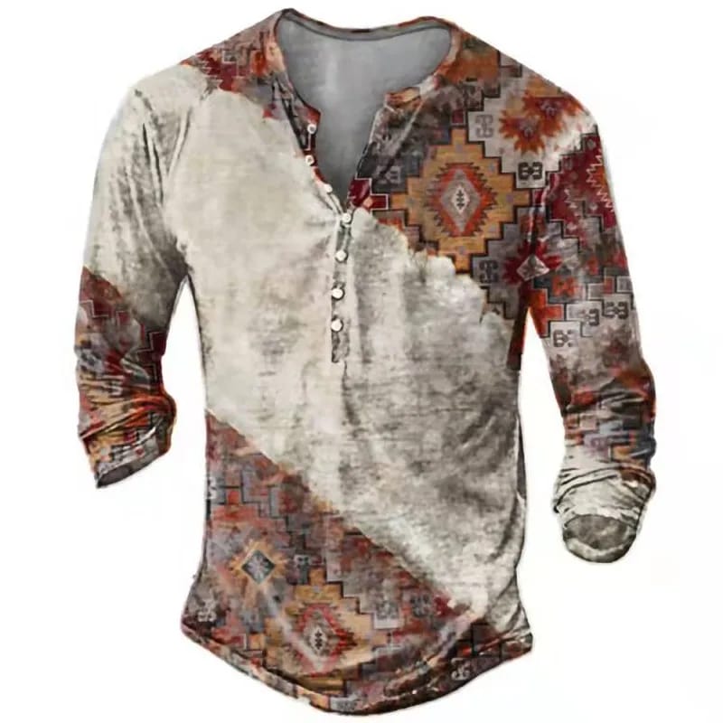 Vintage Men's T-Shirts With Button Ethnic Pattern Print Spring Autumn Loose O-Neck Long Sleeve Oversized T Shirts Male Clothing 070015636 - Tuzzut.com Qatar Online Shopping