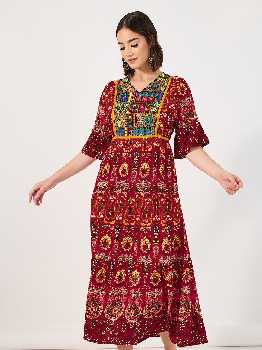 Bohemian Print V Neck Midi Dress MD3211 Bohemian Print V Neck Midi Dress MD3211