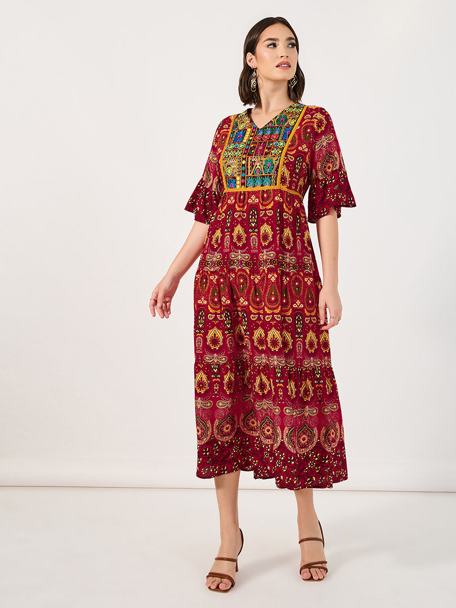 Bohemian Print V Neck Midi Dress MD3211 Bohemian Print V Neck Midi Dress MD3211