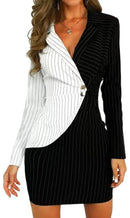 Women V Neck Long Sleeve Bodycon Blazer Dress, Black White Stripes Patchwork Slim Fashion   S254862 - TUZZUT Qatar Online Shopping