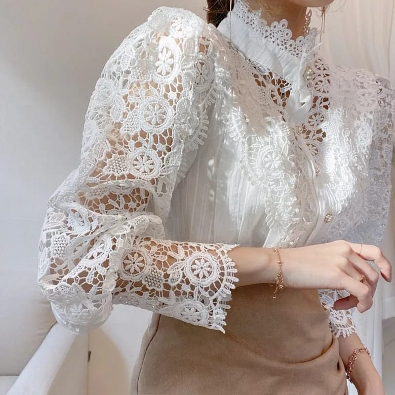Korean Chic Lace Blouse Women White Patchwork Shirt Button Hollow Out Tops Flower Stand Collar Blusas Petal Sleeve Blouses 2XL X4437838