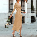 Womens V Neck Irregular Hem Dress Long Sleeve Solid Color Tunic Dress Women Summer Short Sleeve Ruffle Loose Swing Casual T Shirt Dress    X183677 - TUZZUT Qatar Online Shopping