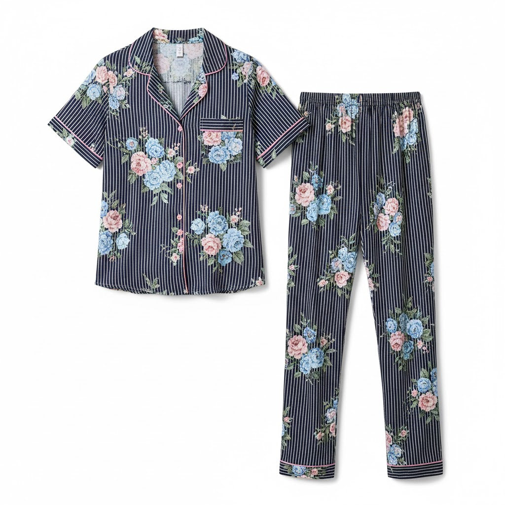Women's Short-Sleeve Pajama Set in Floral Stripe Print W608 Women's Short-Sleeve Pajama Set in Floral Stripe Print W608