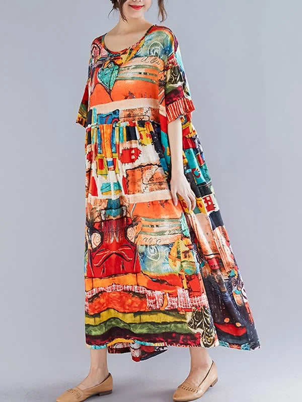 Loose Short Sleeves Floral Printed Round-Neck Midi Dresses 34327 Loose Short Sleeves Floral Printed Round-Neck Midi Dresses 34327