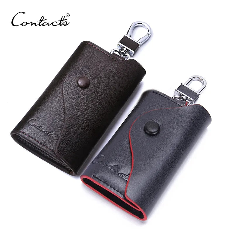 Contacts Genuine Leather Car Key Case Card ID Holder Wallet Keyring Keychain 1004H - COFFEE