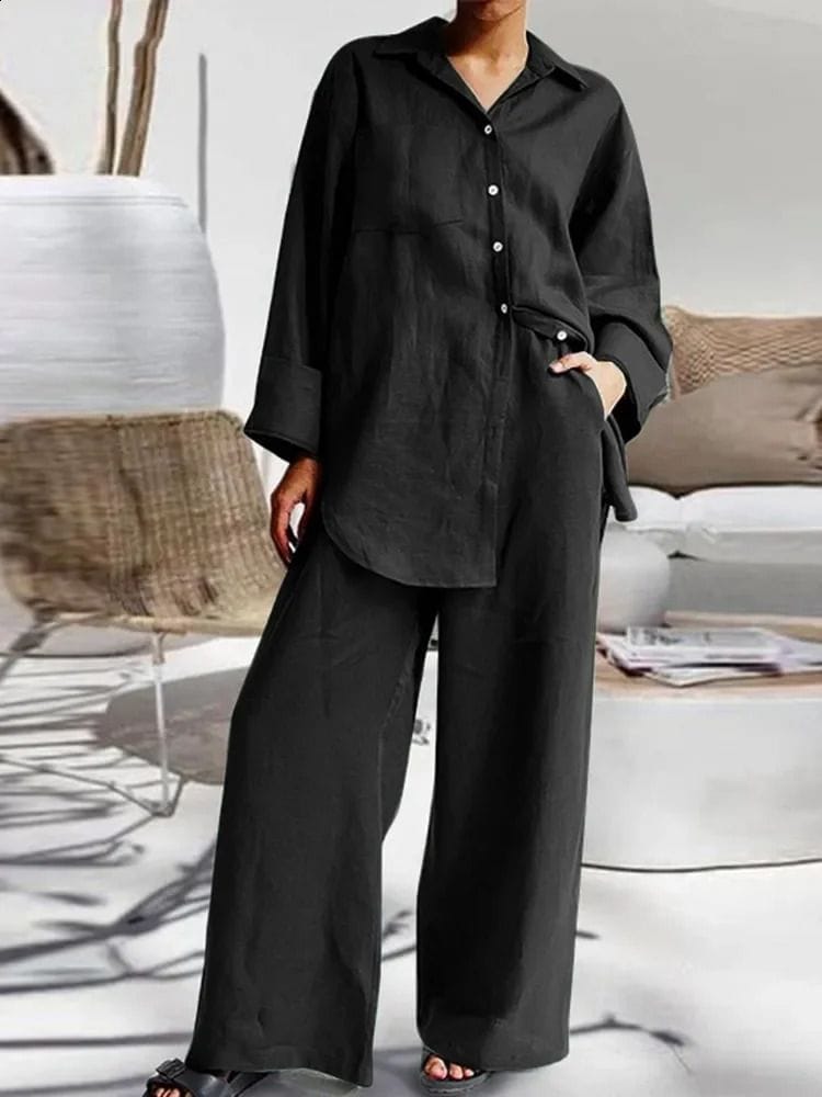 Women's Summer Casual Two-Piece Set - Solid Color Cotton Hemp Rope Collar Long Sleeve Shirt & Wide Leg Pants S479620 Women's Summer Casual Two-Piece Set - Solid Color Cotton Hemp Rope Collar Long Sleeve Shirt & Wide Leg Pants S479620