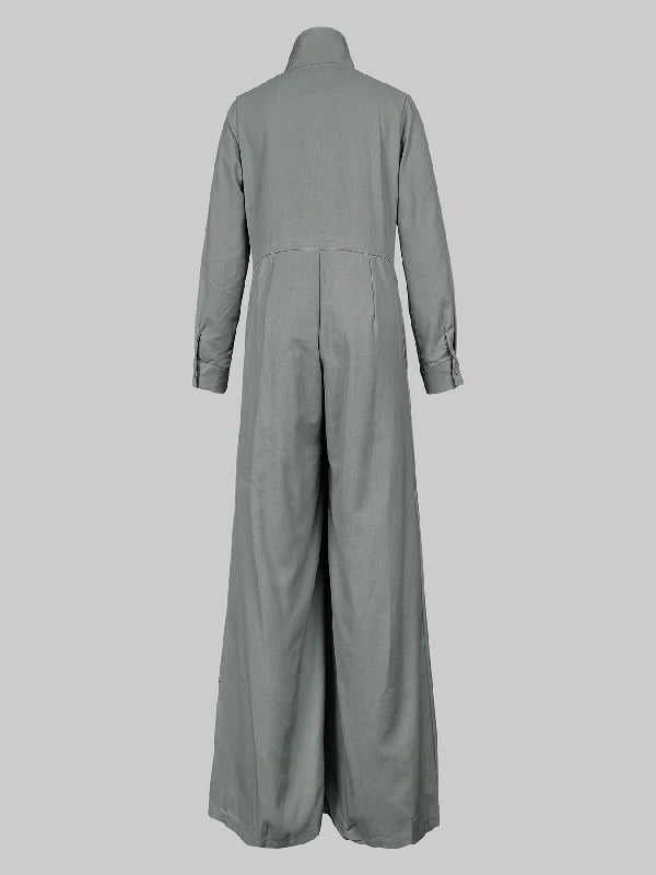 Long Sleeves Wide Leg Pleated Lapel Jumpsuits 127735 - TUZZUT Qatar Online Shopping