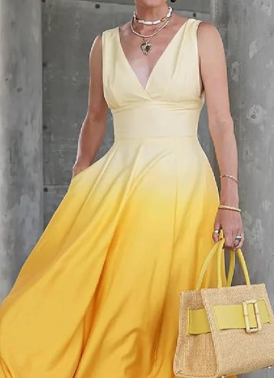 Womens Maxi Dress Yellow Tie Dye Print V-Neck Sleeveless 163475 Womens Maxi Dress Yellow Tie Dye Print V-Neck Sleeveless 163475
