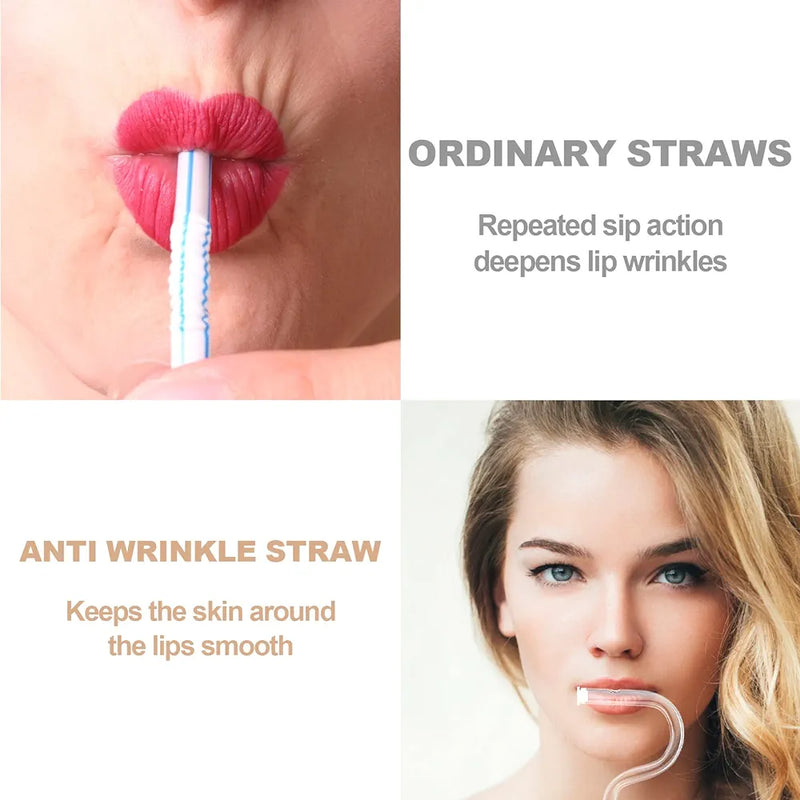 Anti Wrinkles Straw Set of 2 - Reusable Glass Drinking Straw with Brush Lipstick Protect Straw for Engaging Lips Horizontally