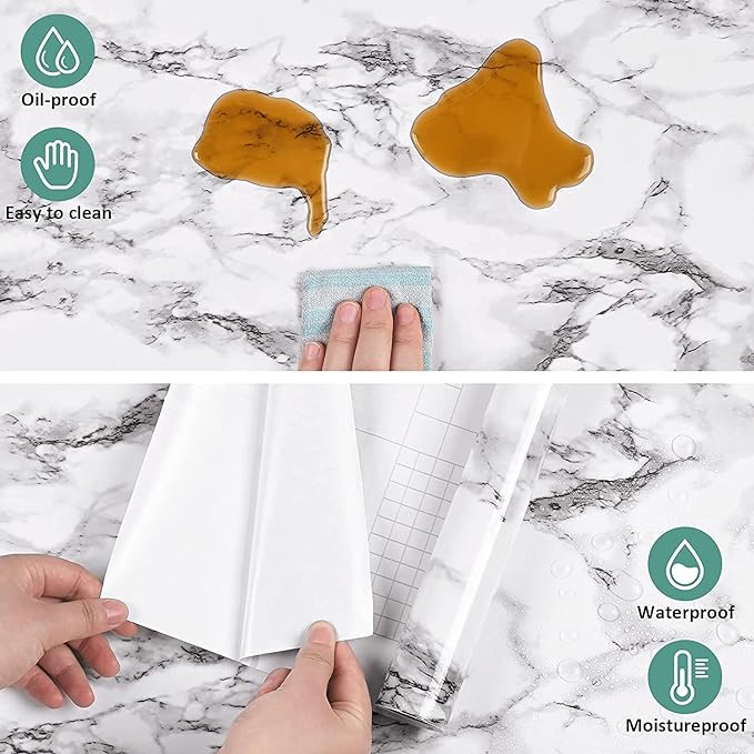 Waterproof Non-slip Kitchen Wallpaper, Self-Adhesive Wear Resistant Thickened Kitchen Marble Pattern Sticker 60cmx5m