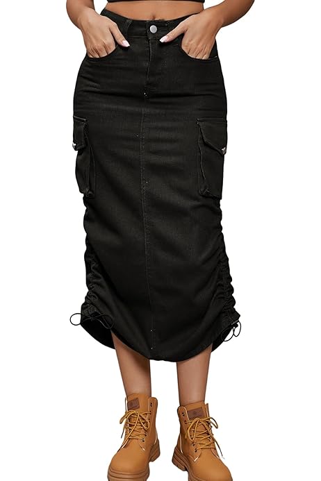A-Line Buttoned Drawstring Pockets Solid Color Split-Side Skirts Bottoms M 123866 A-Line Buttoned Drawstring Pockets Solid Color Split-Side Skirts Bottoms M 123866