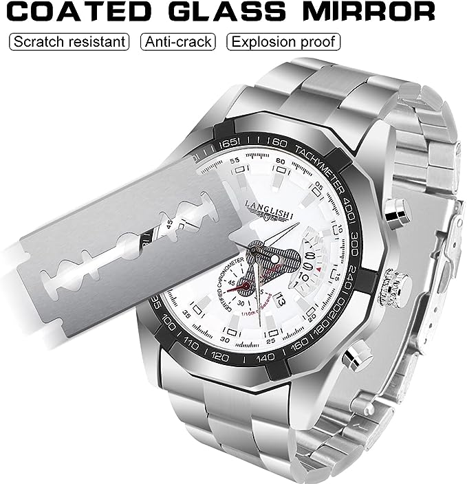 Mens Watches Fashion Waterproof Automatic Stainless Steel and Leather Chronograph Quartz Watch Business Auto Date Wristwatch S4542141 - Tuzzut.com Qatar Online Shopping