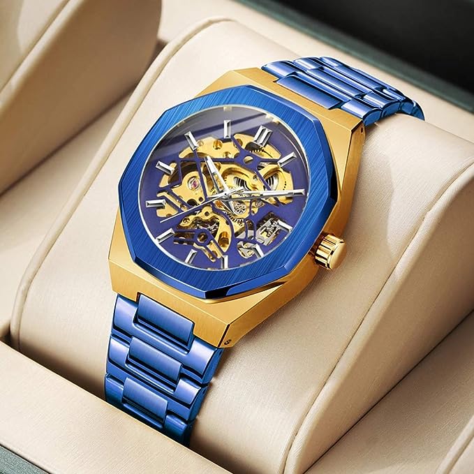 Mechanical Mens Watches Fashion Automatic Male Clock Blue Stainless Steel Waterproof Business Skeleton Watch W7569756