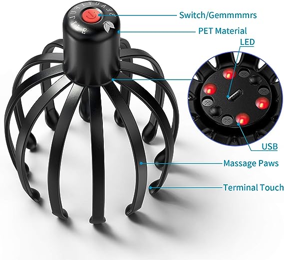 Electric Octopus Claw Scalp Massager Stress Relief Therapeutic Head Scratcher Relief Hair Stimulation Hands Free Rechargable -1806 Electric Octopus Claw Scalp Massager Stress Relief Therapeutic Head Scratcher Relief Hair Stimulation Hands Free Rechargable -1806