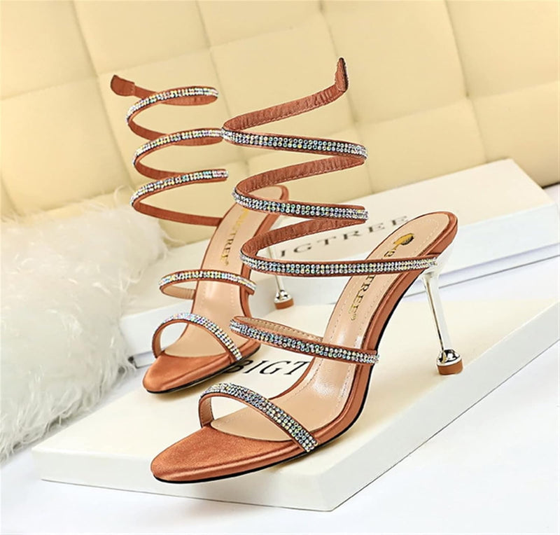 Rhinestone Spiral Ankle Wrap Strap High Heel Sandal KL967 - TUZZUT Qatar Online Shopping