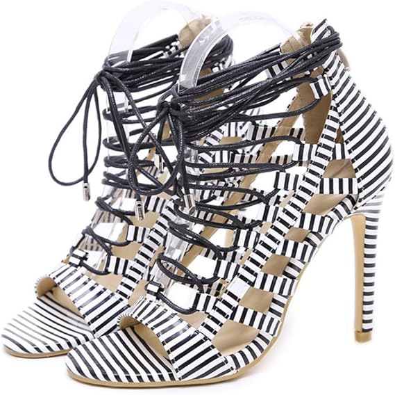 Strappy Lace Up Striped Peep Toe Stilettos Pumps High Heels PL4698 Strappy Lace Up Striped Peep Toe Stilettos Pumps High Heels PL4698