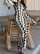 Knit Bodycon Dress for Women Long Sleeve Wave Printed Maxi Dress Backless Crochet Knit Long Dresses 125225