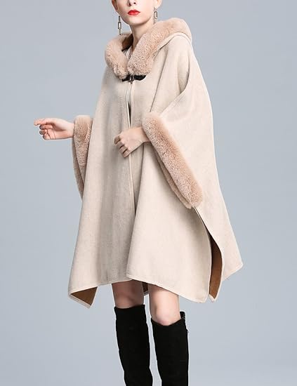 Women's Luxury Batwing Sleeve Faux Fur Hooded Cloak Poncho Sweater Cape 57459 Women's Luxury Batwing Sleeve Faux Fur Hooded Cloak Poncho Sweater Cape 57459