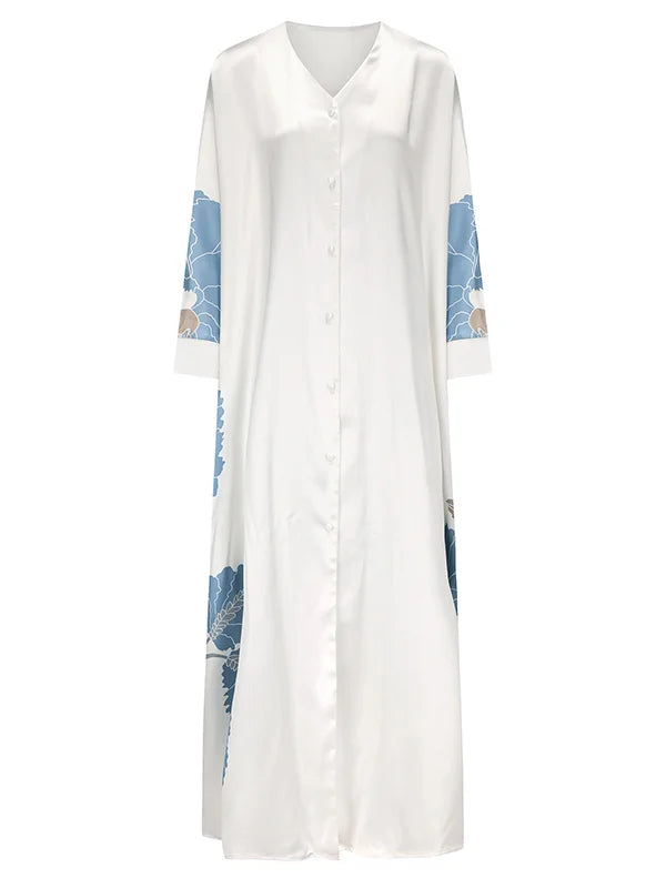 Long Sleeves Buttoned Flower&Leaves Print V-Neck Maxi Dress 133414 Long Sleeves Buttoned Flower&Leaves Print V-Neck Maxi Dress 133414