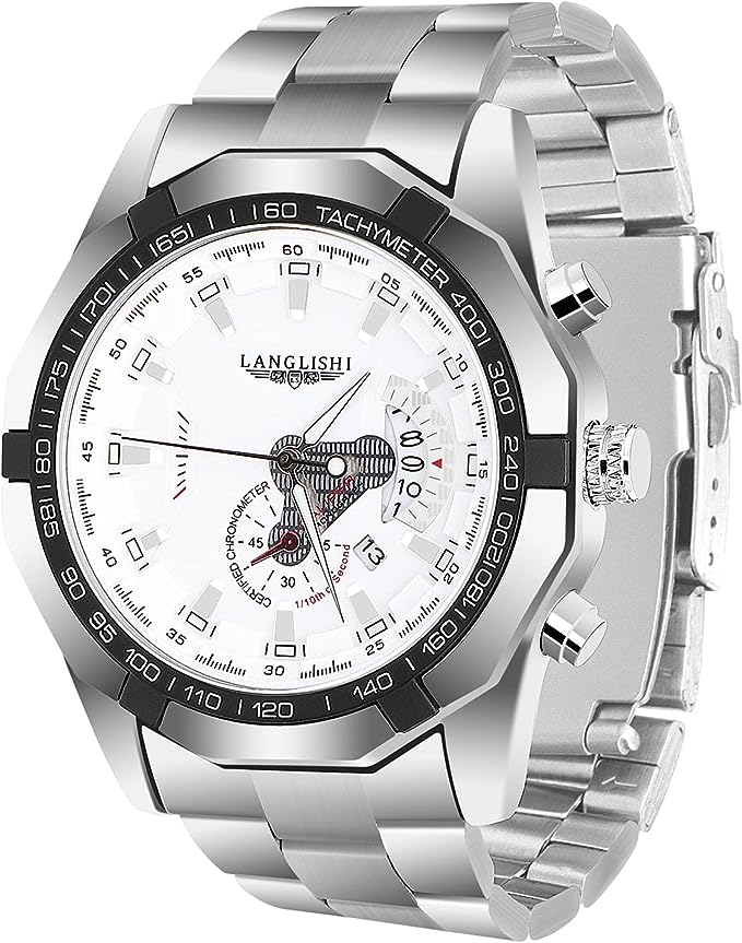 Mens Watches Fashion Waterproof Automatic Stainless Steel and Leather Chronograph Quartz Watch Business Auto Date Wristwatch S4542141 - Tuzzut.com Qatar Online Shopping