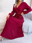 Women Elegant V Neck Long Sleeve Pleated Maxi Dress 7001 - TUZZUT Qatar Online Shopping