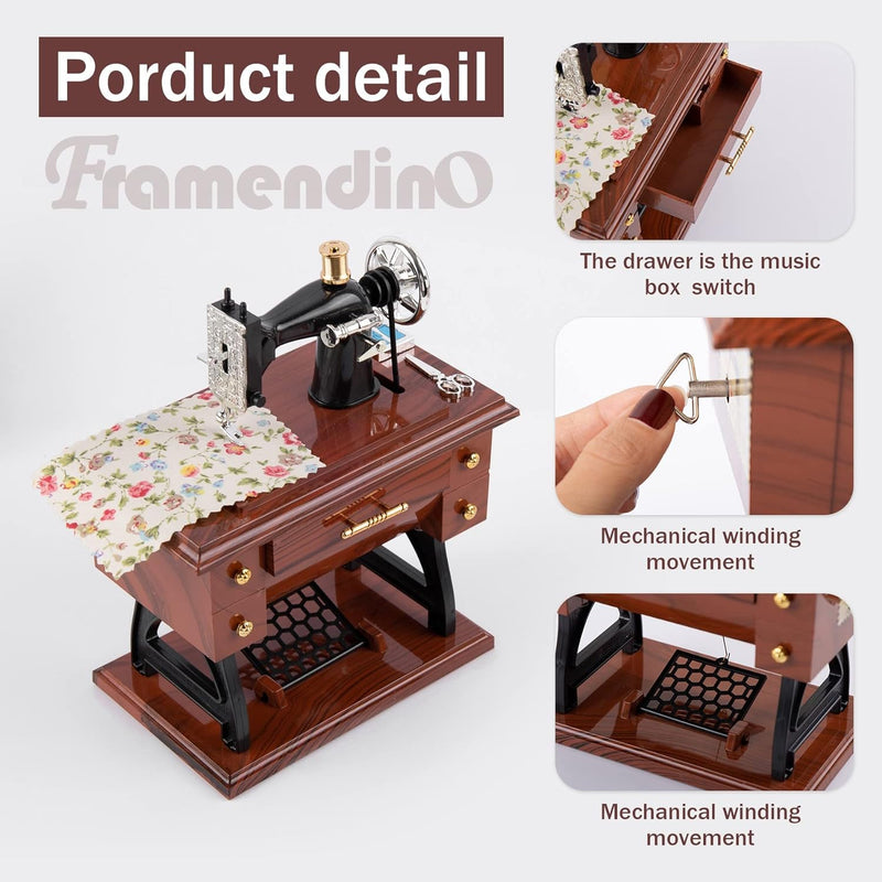 Framendino, Vintage Sewing Machine Jewelry Clockwork Music Boxes for Home Desk Decoration