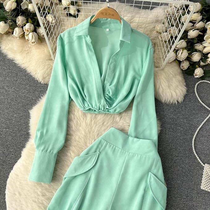 Women Outifits Long Sleeve Lapel Crop Top Office Shirt B-89254 Women Outifits Long Sleeve Lapel Crop Top Office Shirt B-89254