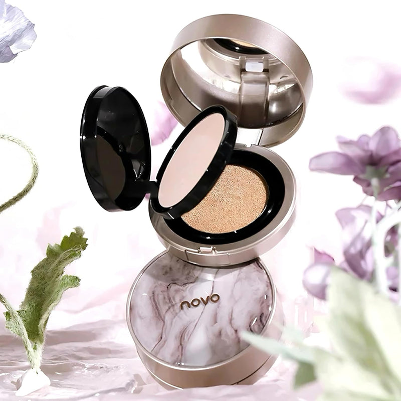 Novo Dual-Action Cushion Foundation & Powder - 13g Cushion + 6.5g Powder - Full Coverage, Waterproof, Hydrating, Dewy Skin Finish - Buildable, Lightweight, Pearl Powder & Bird’s Nest Extract.