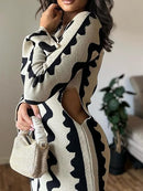 Knit Bodycon Dress for Women Long Sleeve Wave Printed Maxi Dress Backless Crochet Knit Long Dresses 125225