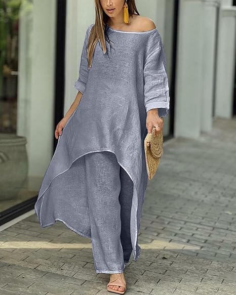 Women's Linen Two Piece Set Wide Leg Pants Set Shirt Dress B33724 Women's Linen Two Piece Set Wide Leg Pants Set Shirt Dress B33724