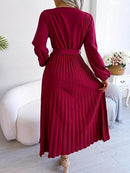 Women Elegant V Neck Long Sleeve Pleated Maxi Dress 7001 - TUZZUT Qatar Online Shopping