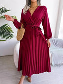 Women Elegant V Neck Long Sleeve Pleated Maxi Dress 7001 - TUZZUT Qatar Online Shopping