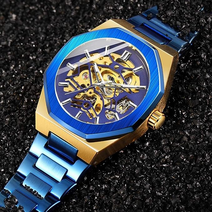 Mechanical Mens Watches Fashion Automatic Male Clock Blue Stainless Steel Waterproof Business Skeleton Watch W7569756 - Tuzzut.com Qatar Online Shopping