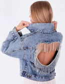 Female Denim Jacket Light Blue Diamond Tassel Coat   S5069821 - TUZZUT Qatar Online Shopping