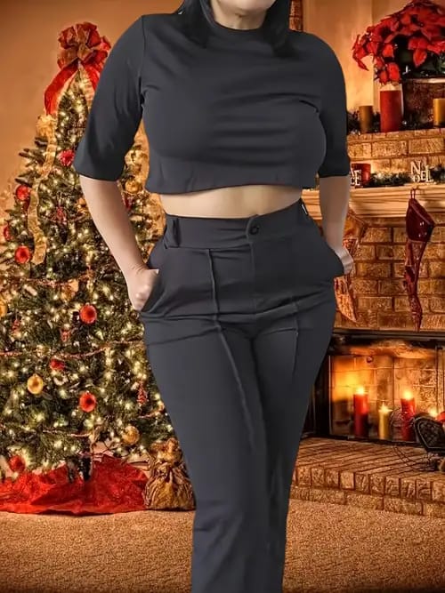 Women's 2 Piece Pant Suit, Wide Leg Trousers, Crop Top, Monochrome, Elegant B306776 Women's 2 Piece Pant Suit, Wide Leg Trousers, Crop Top, Monochrome, Elegant B306776