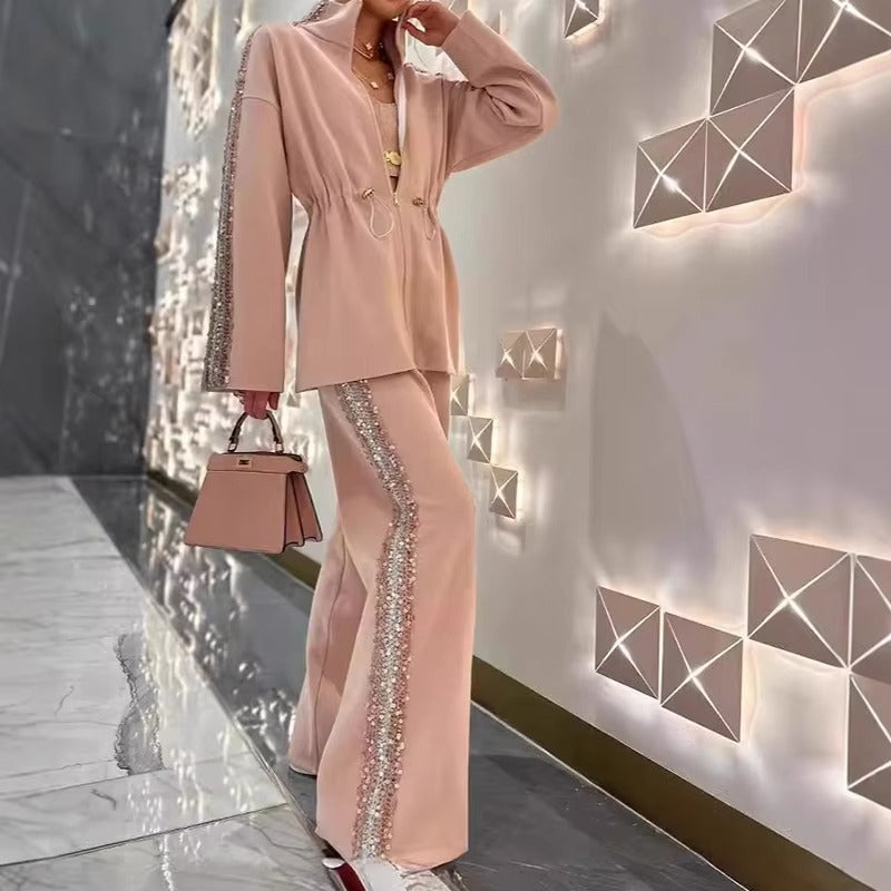 Bright Wire Splicing Top and Loose Pleated Casual Wide-Leg Pant 163576 - TUZZUT Qatar Online Shopping