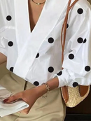 Womens Loose Puff Sleeves Polka-Dot Lapel Collar Blouse 119701 L - TUZZUT Qatar Online Shopping