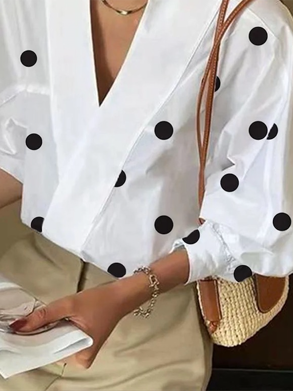 Womens Loose Puff Sleeves Polka-Dot Lapel Collar Blouse 119701 L Womens Loose Puff Sleeves Polka-Dot Lapel Collar Blouse 119701 L