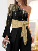 Long Sleeves Loose Printed Shiny Tied Waist One-Shoulder Jumpsuits Bottoms L 139816 - TUZZUT Qatar Online Shopping