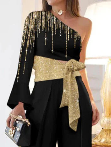 Long Sleeves Loose Printed Shiny Tied Waist One-Shoulder Jumpsuits Bottoms L 139816 Long Sleeves Loose Printed Shiny Tied Waist One-Shoulder Jumpsuits Bottoms L 139816