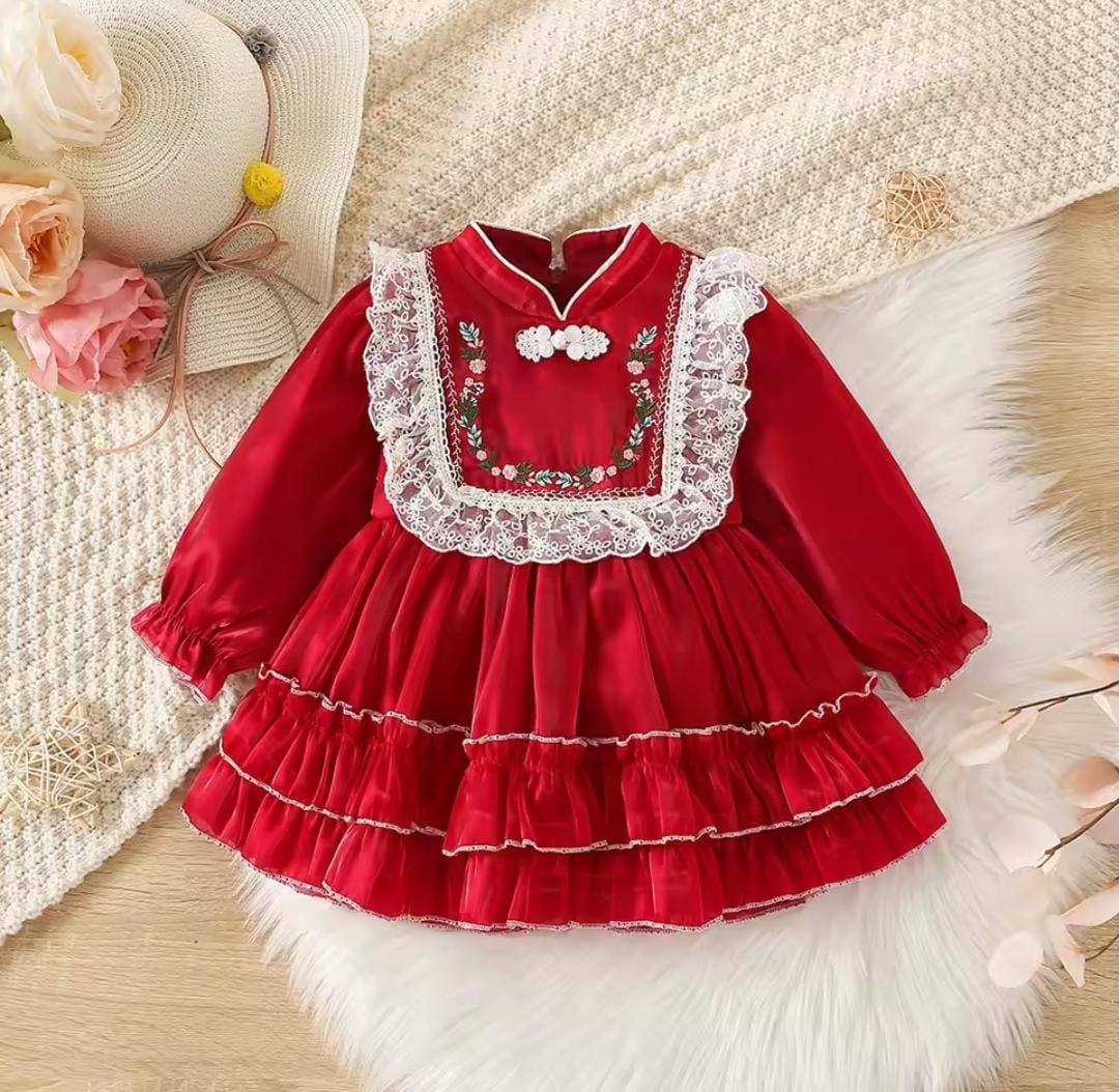 Girls' Neck Embroidered Ruffle Edge Pleated Long sleeved Princess Dress 1515832 Girls' Neck Embroidered Ruffle Edge Pleated Long sleeved Princess Dress 1515832