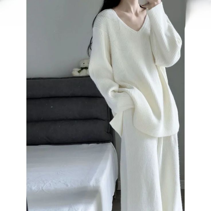 Knitted Sweater High Waist Casual Wide Leg Pant Suits Set 56637 - TUZZUT Qatar Online Shopping