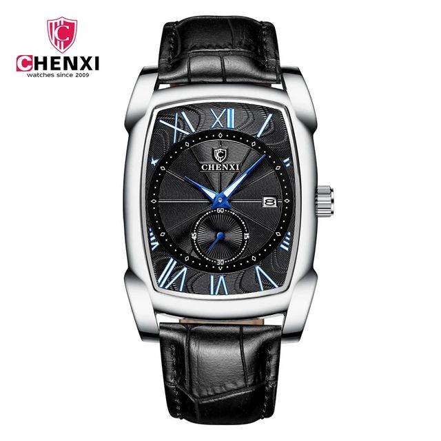 Luxury Retro Square Watches for Men Silver Waterproof Genuine Leather Roman Numerals Stopwatch Unique Calendar W0732261 - Tuzzut.com Qatar Online Shopping