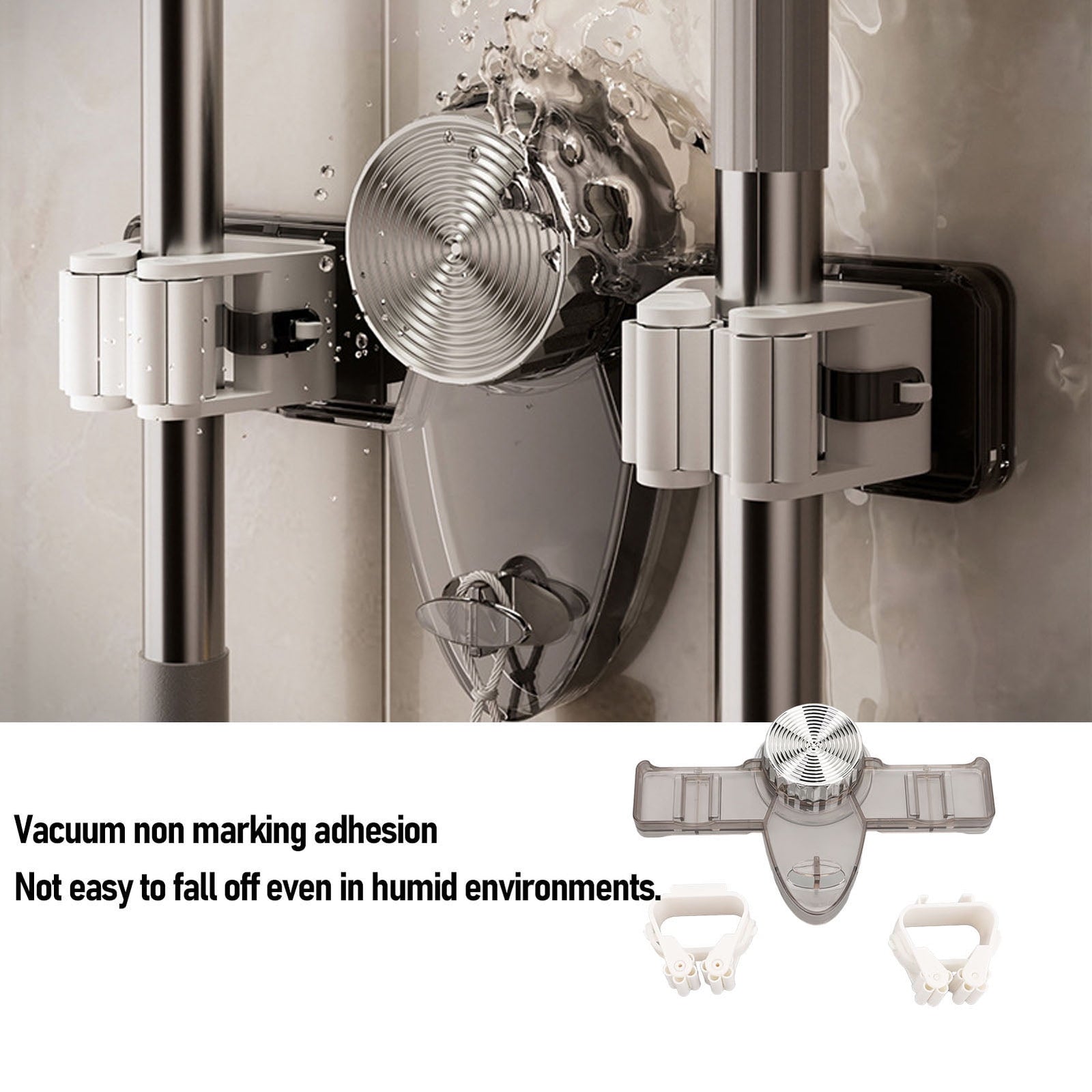 Wall Mount Broom & Mop Holder with Suction (2 Hooks) Wall Mount Broom & Mop Holder with Suction (2 Hooks)